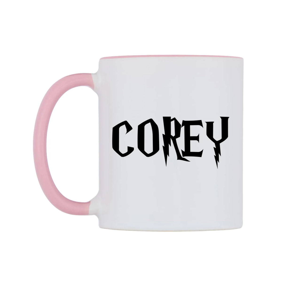 Corey - Wizard Themed Mug — white 11oz gloss mug with a pink inside and handle, right side, on a white background