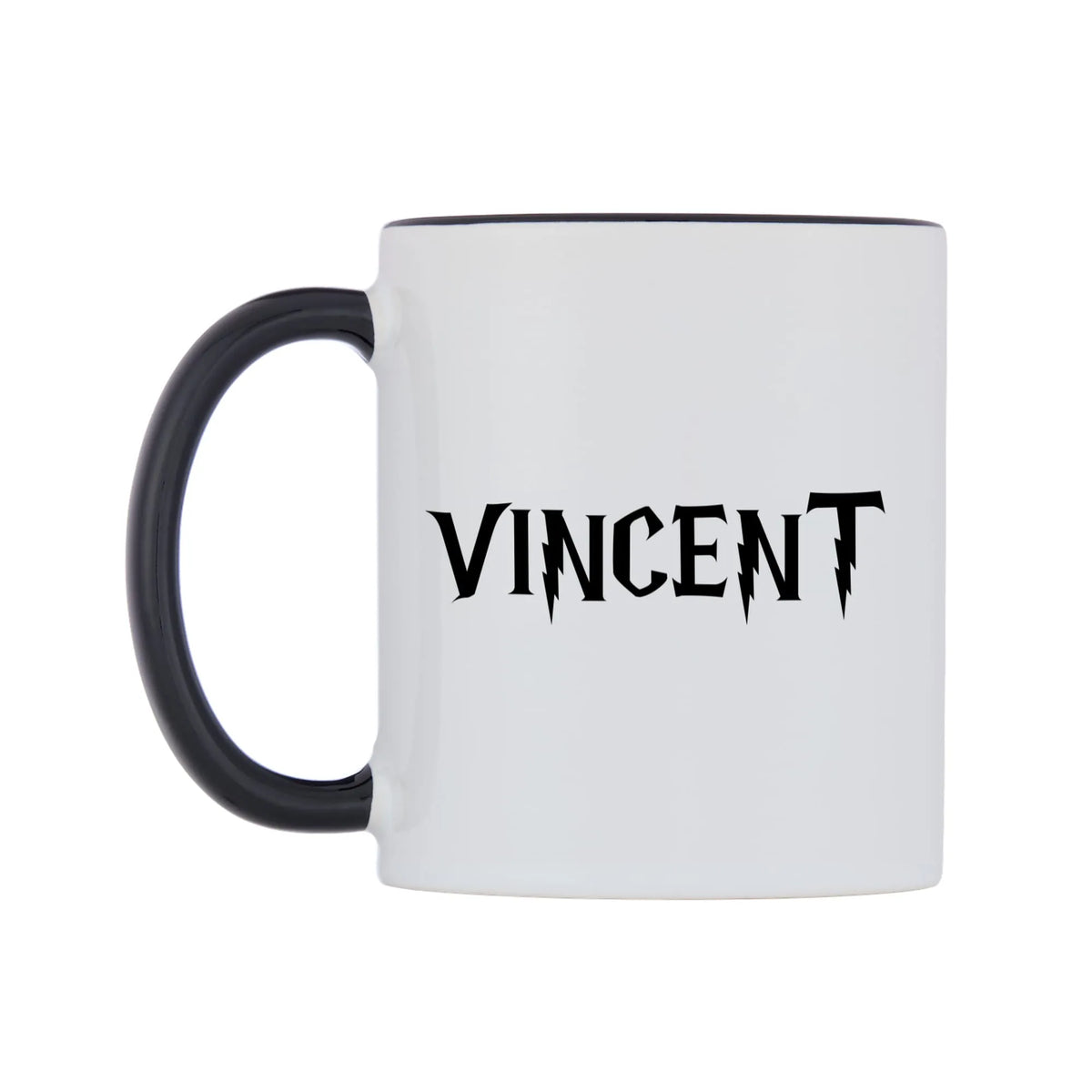 Vincent - Wizard Themed Mug — white 11oz gloss mug with a black inside and handle, right side, on a white background