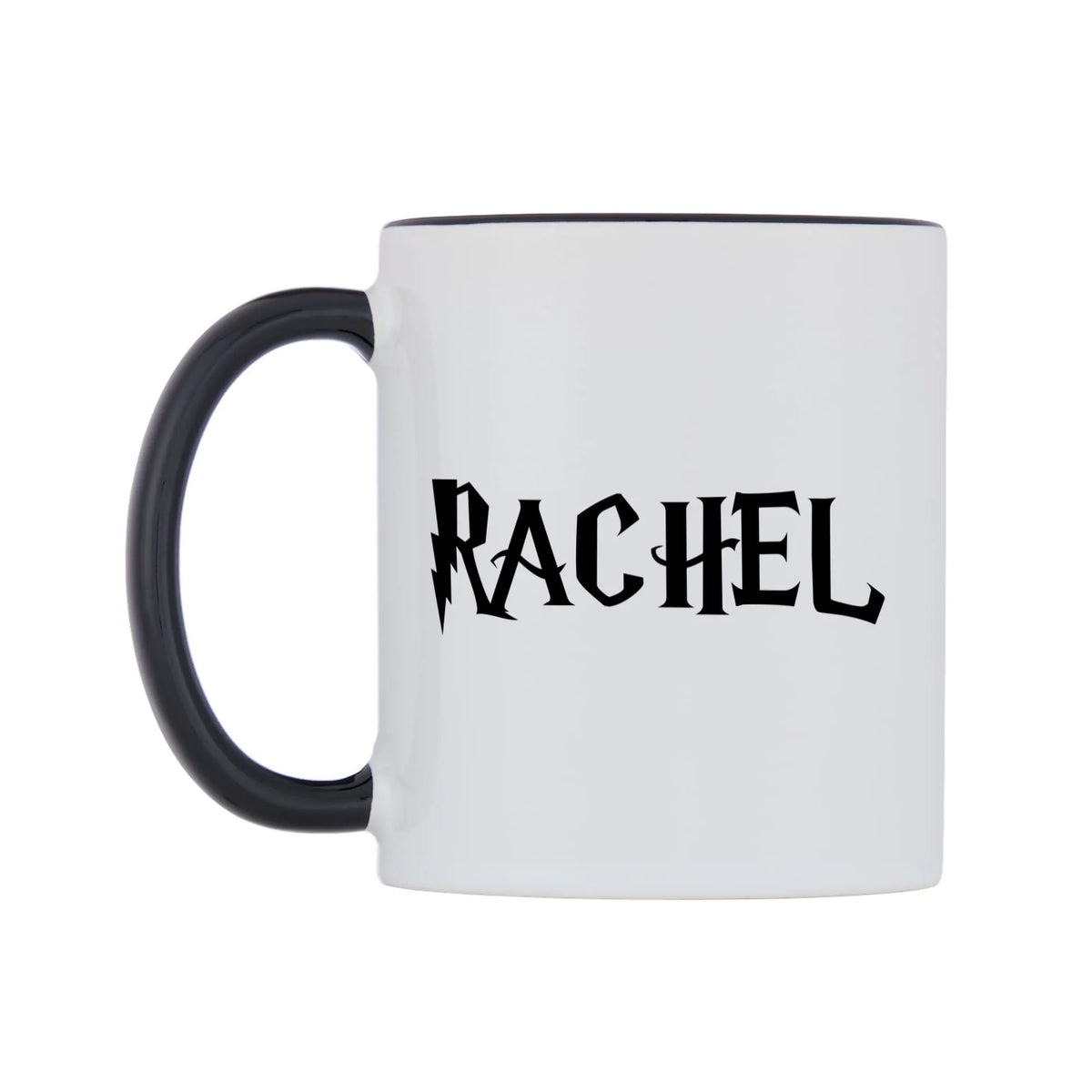 Rachel - Wizard Themed Mug — white 11oz gloss mug with a black inside and handle, right side, on a white background