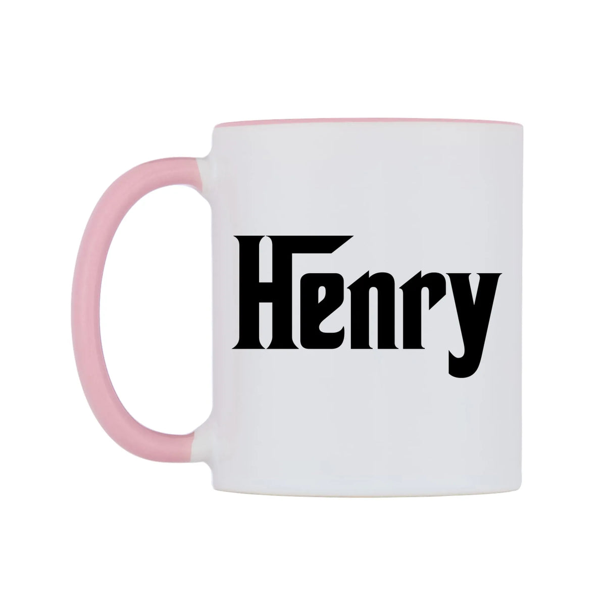 Henry - Godfather Themed Mug — white 11oz gloss mug with a pink inside and handle, right side, on a white background