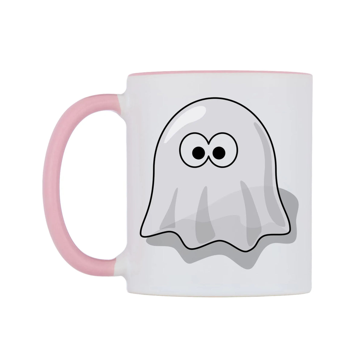 Little Ghost Mug — white 11oz gloss mug with a pink inside and handle, right side, on a white background