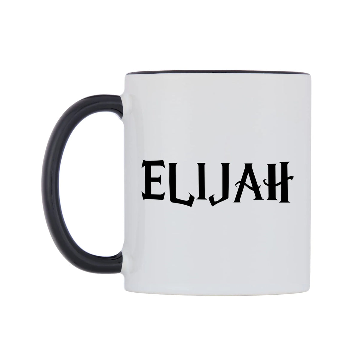 Elijah - Wizard Themed Mug — white 11oz gloss mug with a black inside and handle, right side, on a white background