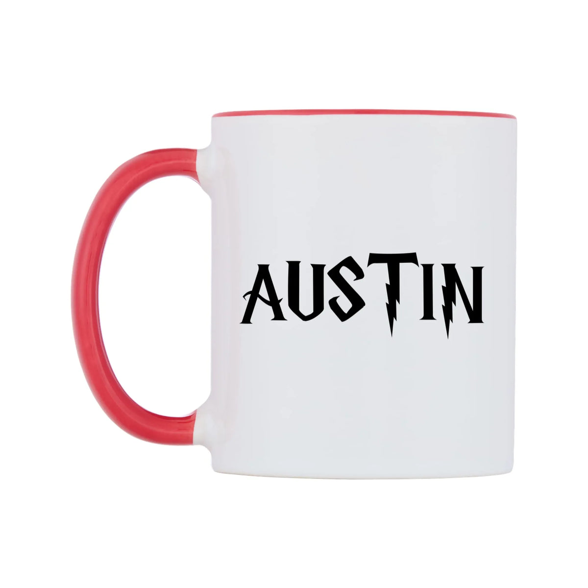 Austin - Wizard Themed Mug — white 11oz gloss mug with a red inside and handle, right side, on a white background
