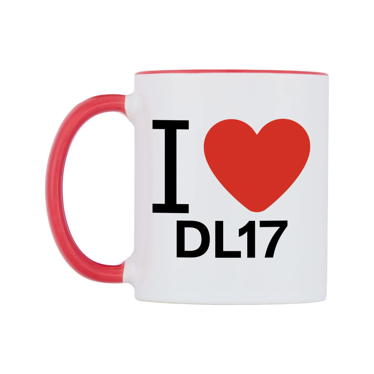 I Love DL17 Mug — white 11oz gloss mug with a red inside and handle, right side, on a white background