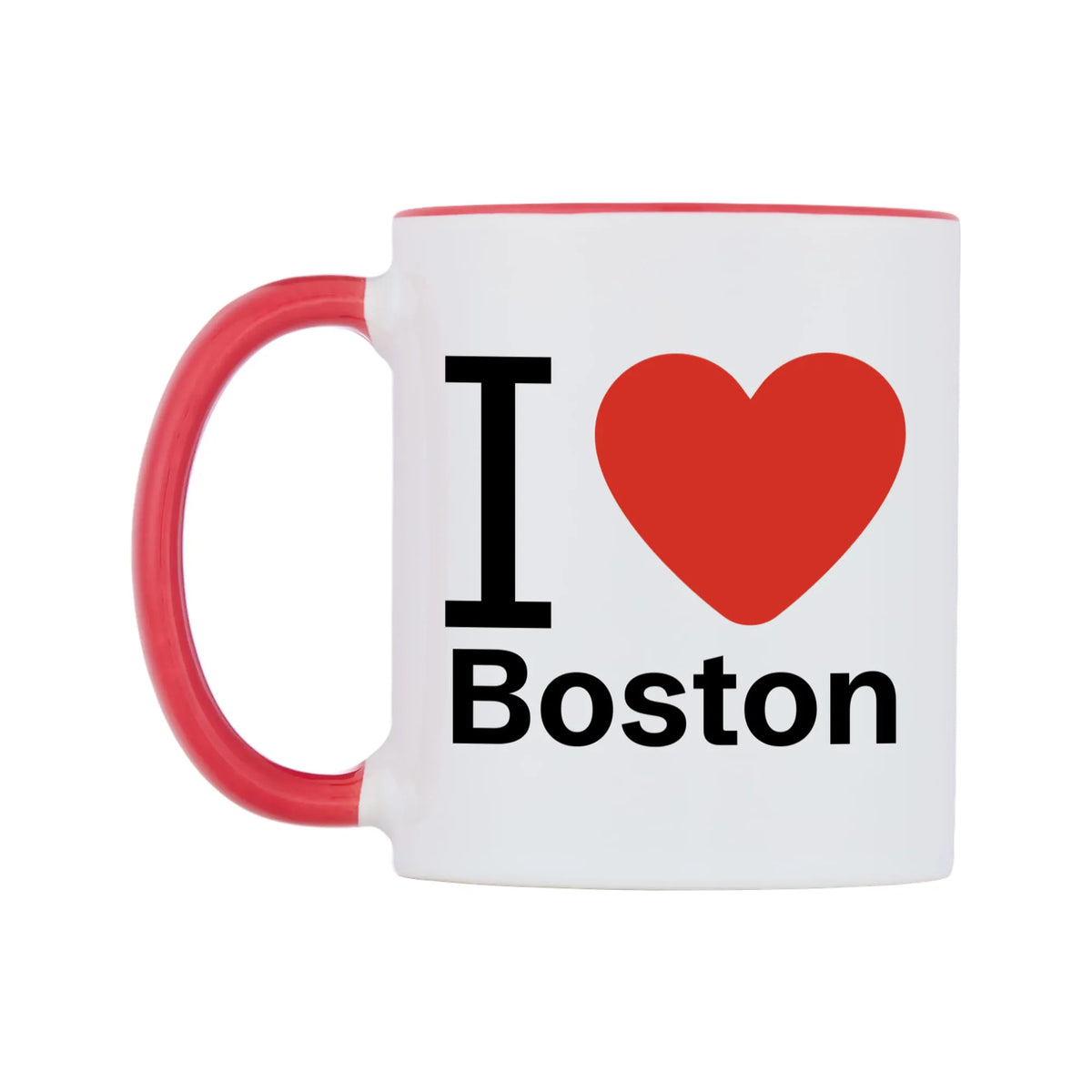 I Love Boston Mug — white 11oz gloss mug with a red inside and handle, right side, on a white background