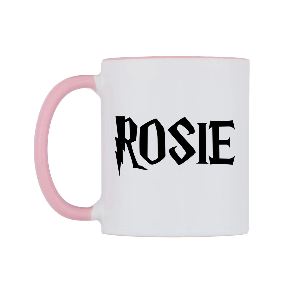 Rosie - Wizard Themed Mug — white 11oz gloss mug with a pink inside and handle, right side, on a white background