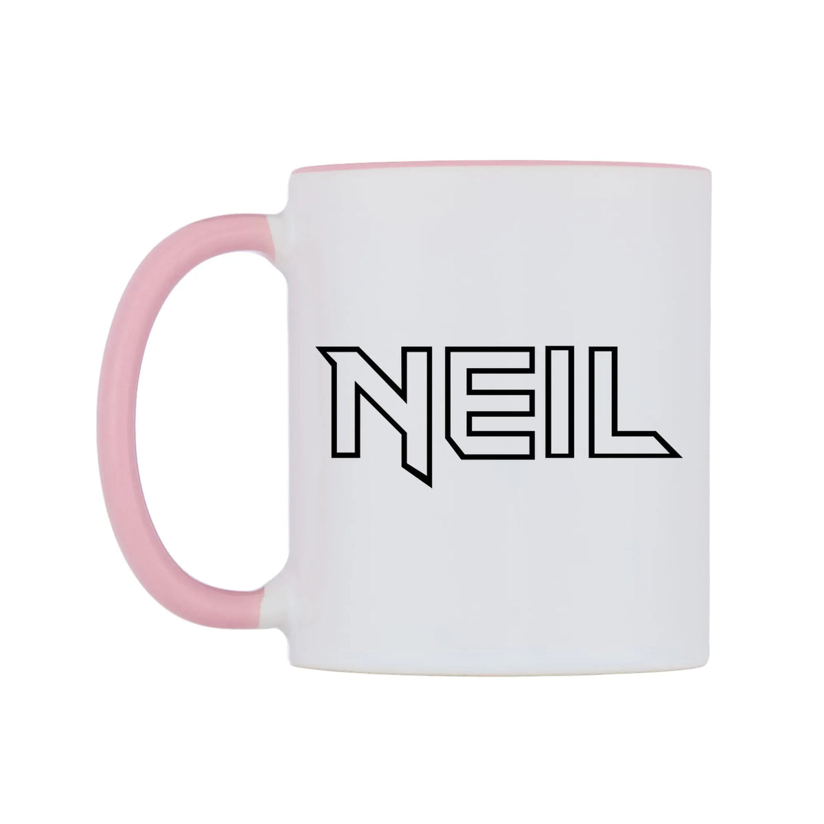 Neil - Iron Maiden Themed Mug — white 11oz gloss mug with a pink inside and handle, right side, on a white background