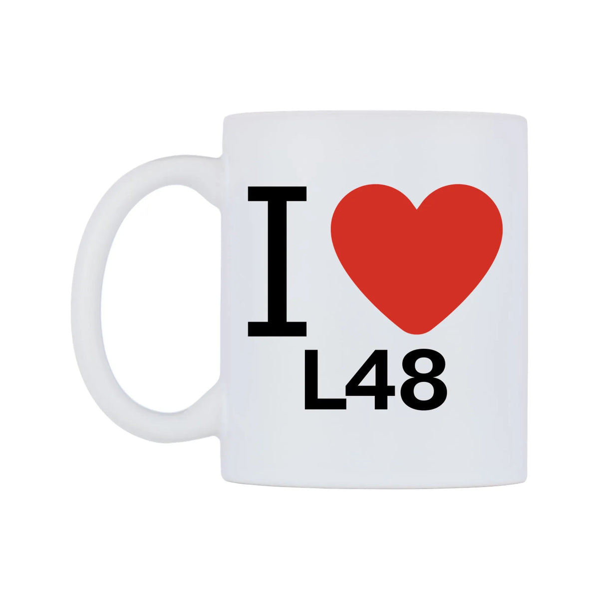 I Love L48 Mug — white 11oz gloss mug, right side, on a white background
