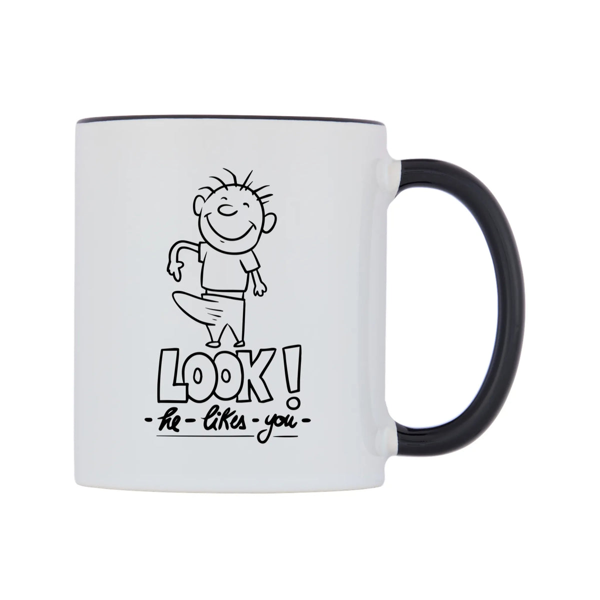 LOOK! - he - likes - you - Mug — white 11oz gloss mug with a black inside and handle, left side, on a white background