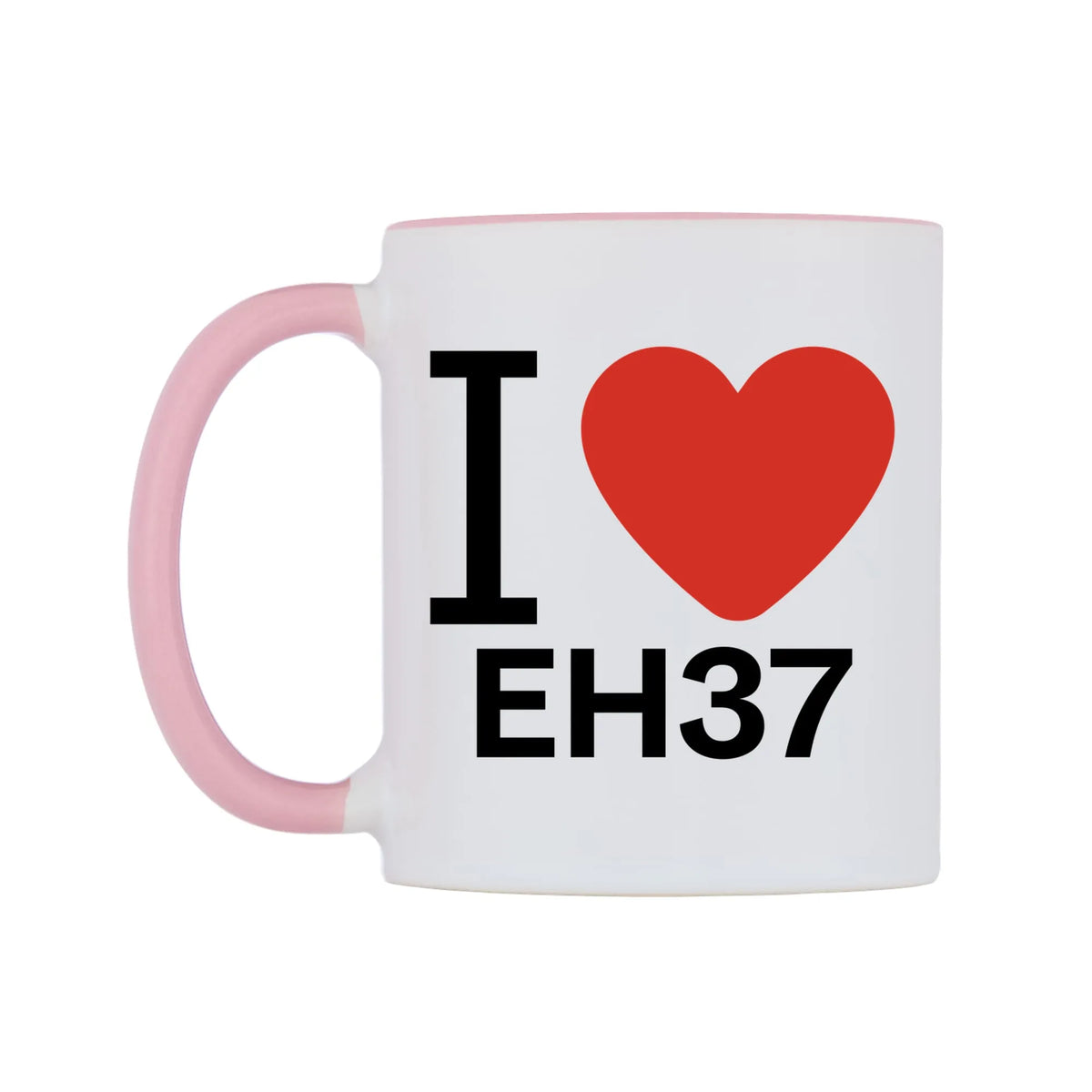 I Love EH37 Mug — white 11oz gloss mug with a pink inside and handle, right side, on a white background