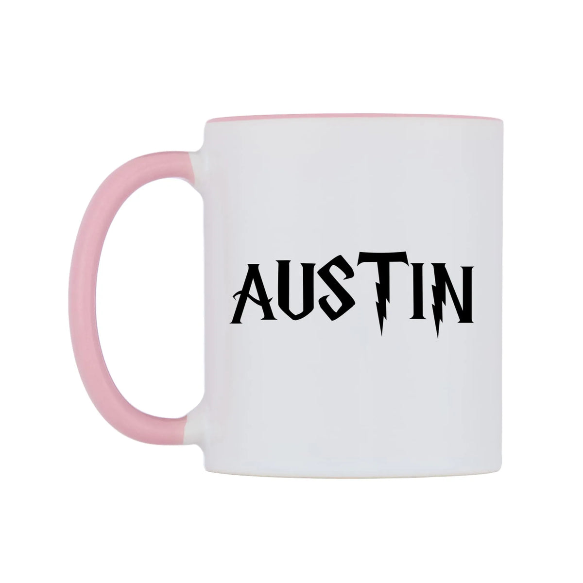 Austin - Wizard Themed Mug — white 11oz gloss mug with a pink inside and handle, right side, on a white background