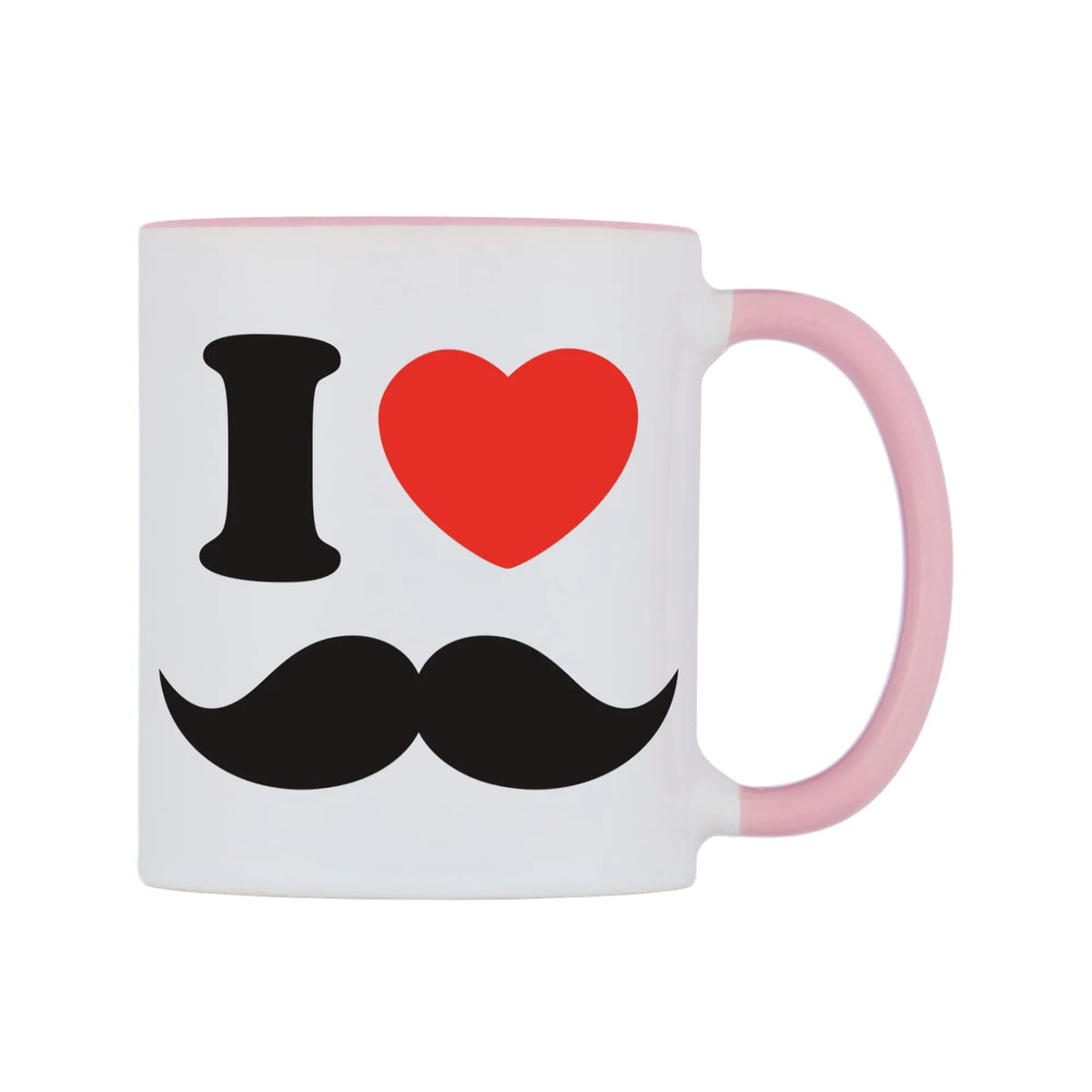 I Love Moustaches Mug — white 11oz gloss mug with a pink inside and handle, left side, on a white background