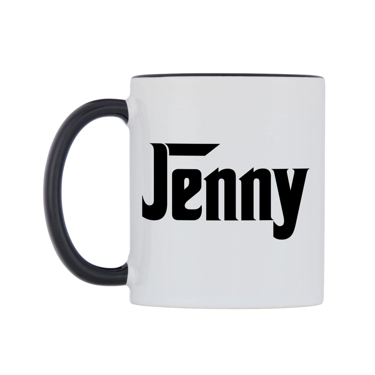 Jenny - Godfather Themed Mug — white 11oz gloss mug with a black inside and handle, right side, on a white background
