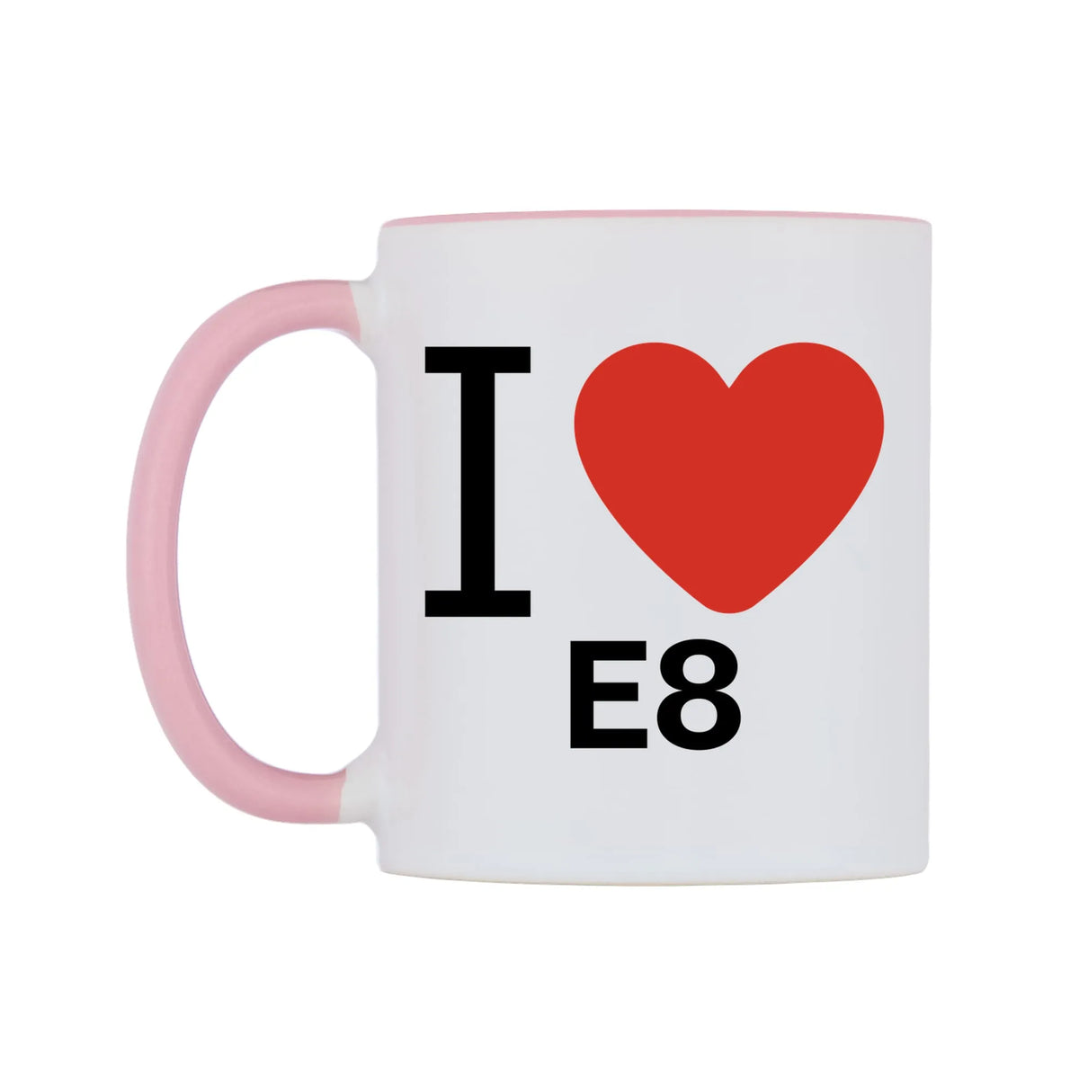 I Love E8 Mug — white 11oz gloss mug with a pink inside and handle, right side, on a white background