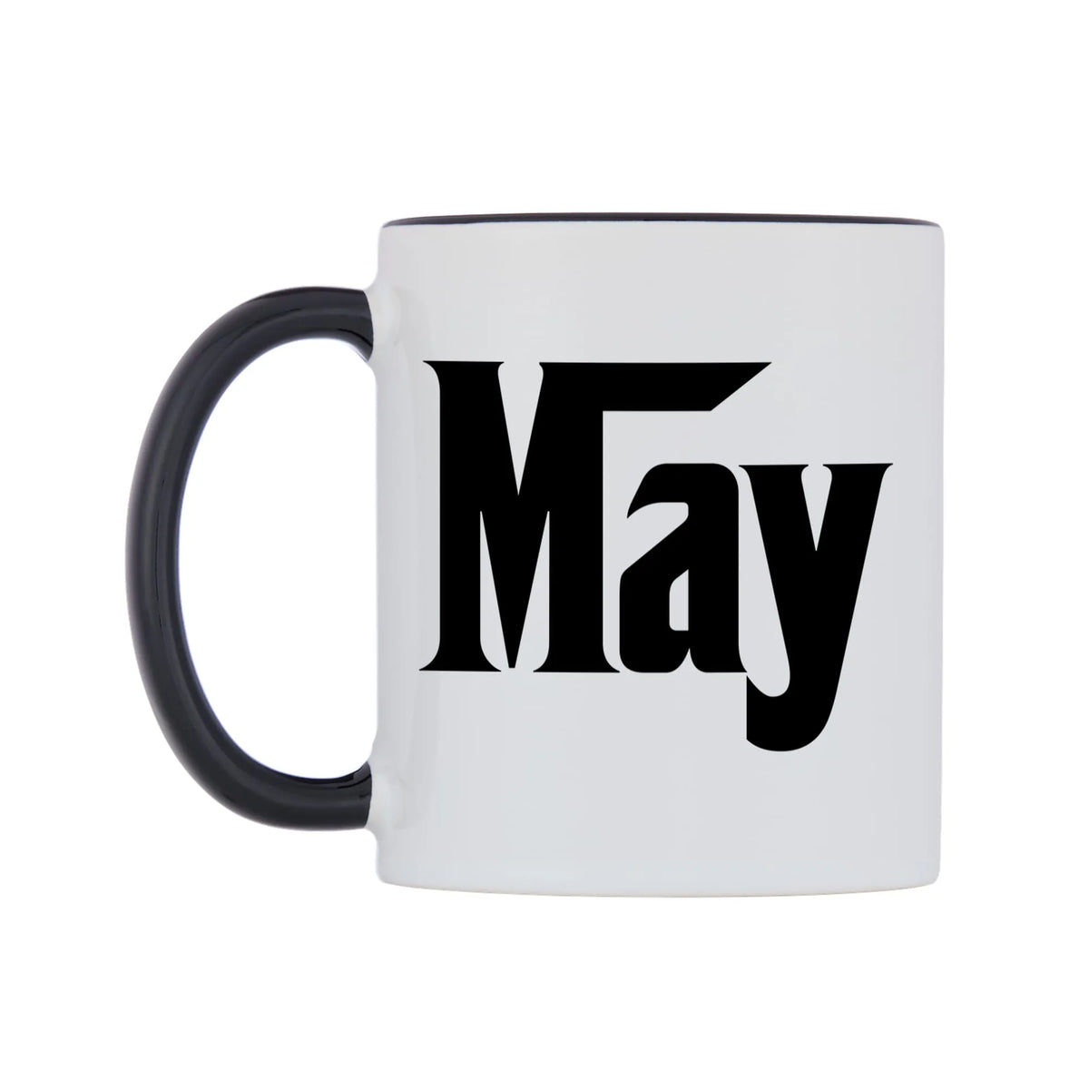 May - Godfather Themed Mug — white 11oz gloss mug with a black inside and handle, right side, on a white background