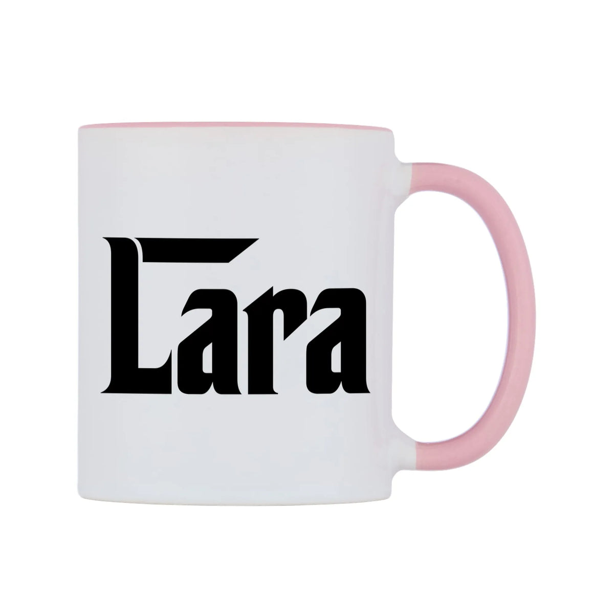 Lara - Godfather Themed Mug — white 11oz gloss mug with a pink inside and handle, left side, on a white background