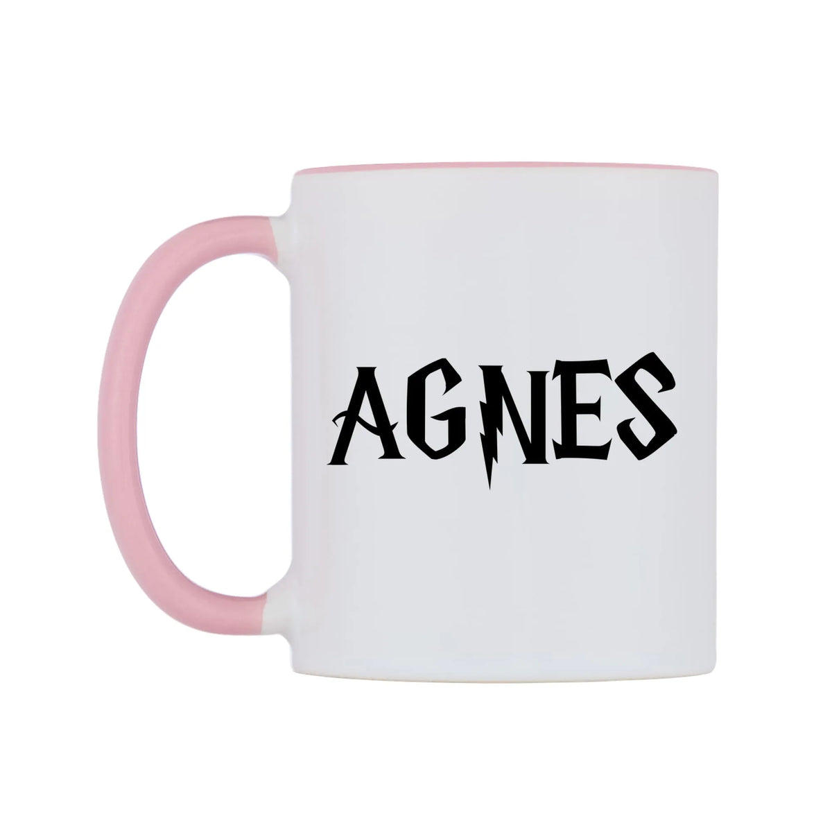 Agnes - Wizard Themed Mug — white 11oz gloss mug with a pink inside and handle, right side, on a white background