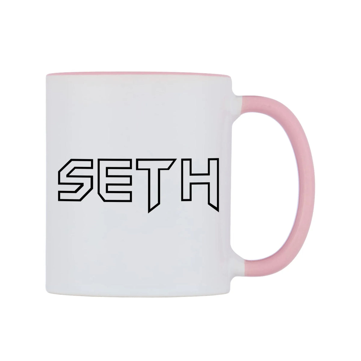 Seth - Iron Maiden Themed Mug — white 11oz gloss mug with a pink inside and handle, left side, on a white background