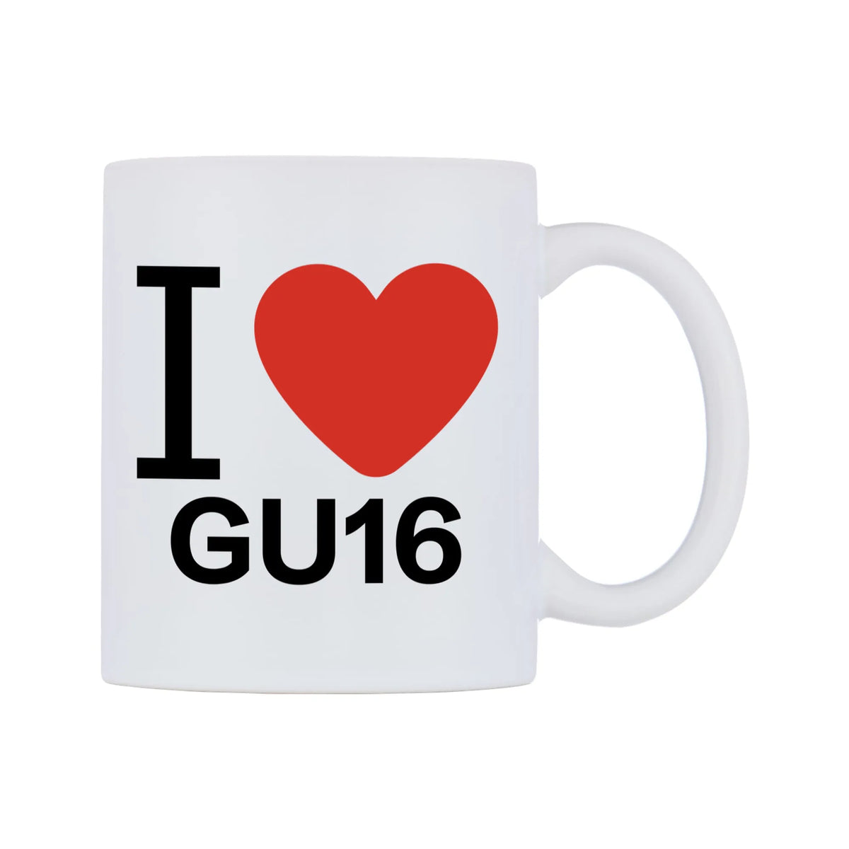 I Love GU16 Mug — white 11oz gloss mug, left side, on a white background
