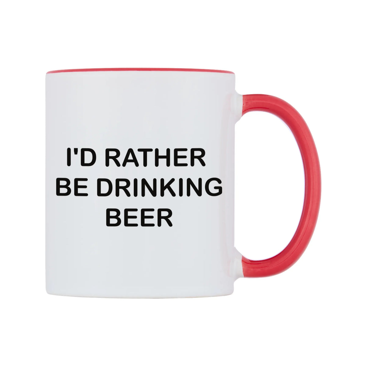 I'd Rather Be Drinking Beer Mug — white 11oz gloss mug with a red inside and handle, left side, on a white background