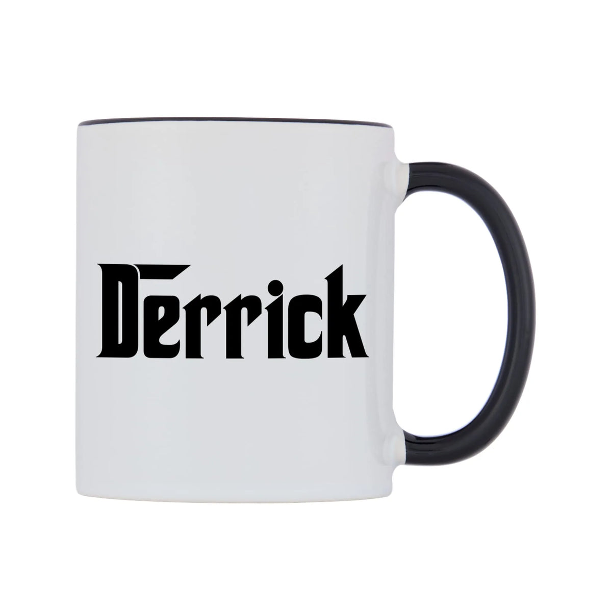 Derrick - Godfather Themed Mug — white 11oz gloss mug with a black inside and handle, left side, on a white background