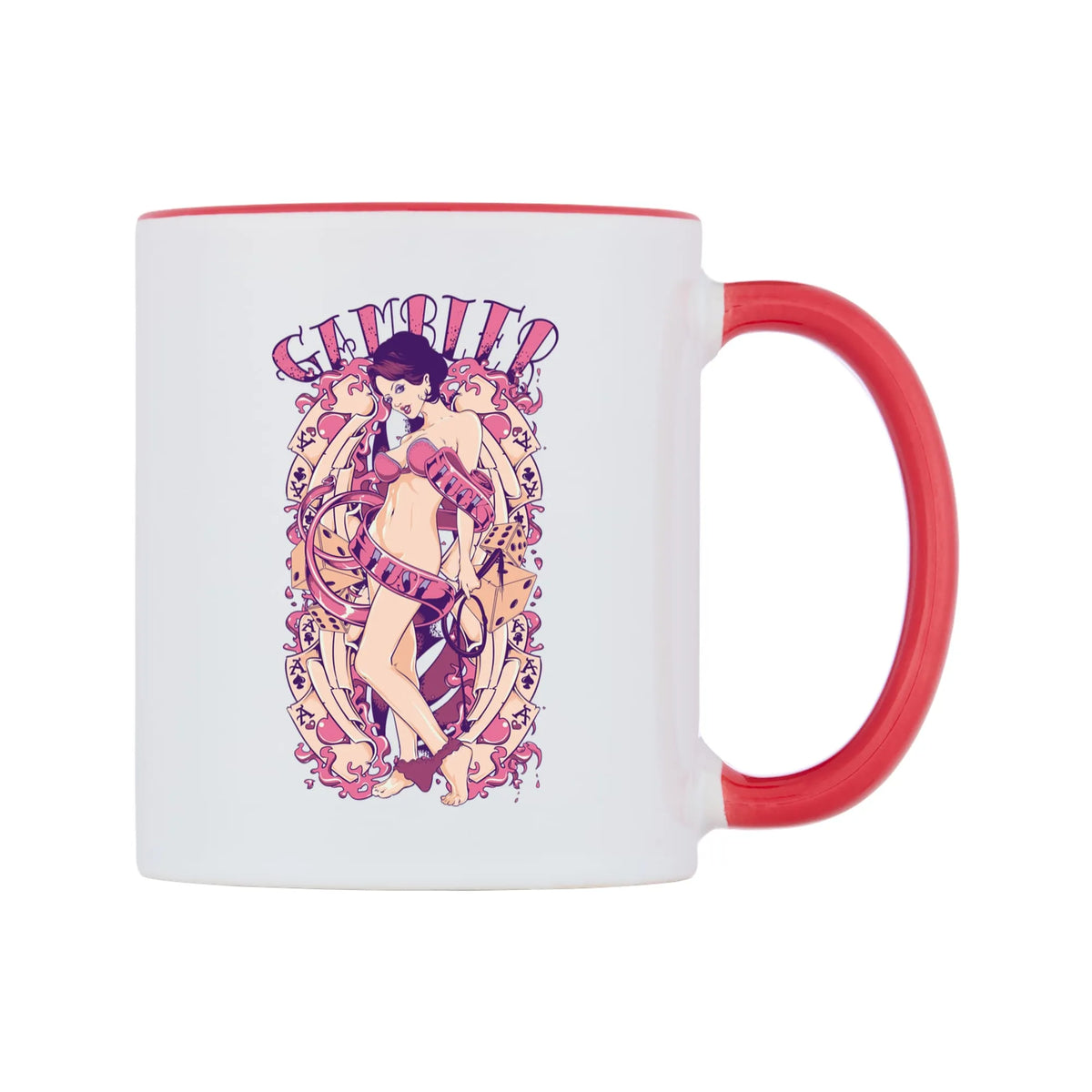 Gambler of Luck and Lust Mug — white 11oz gloss mug with a red inside and handle, left side, on a white background