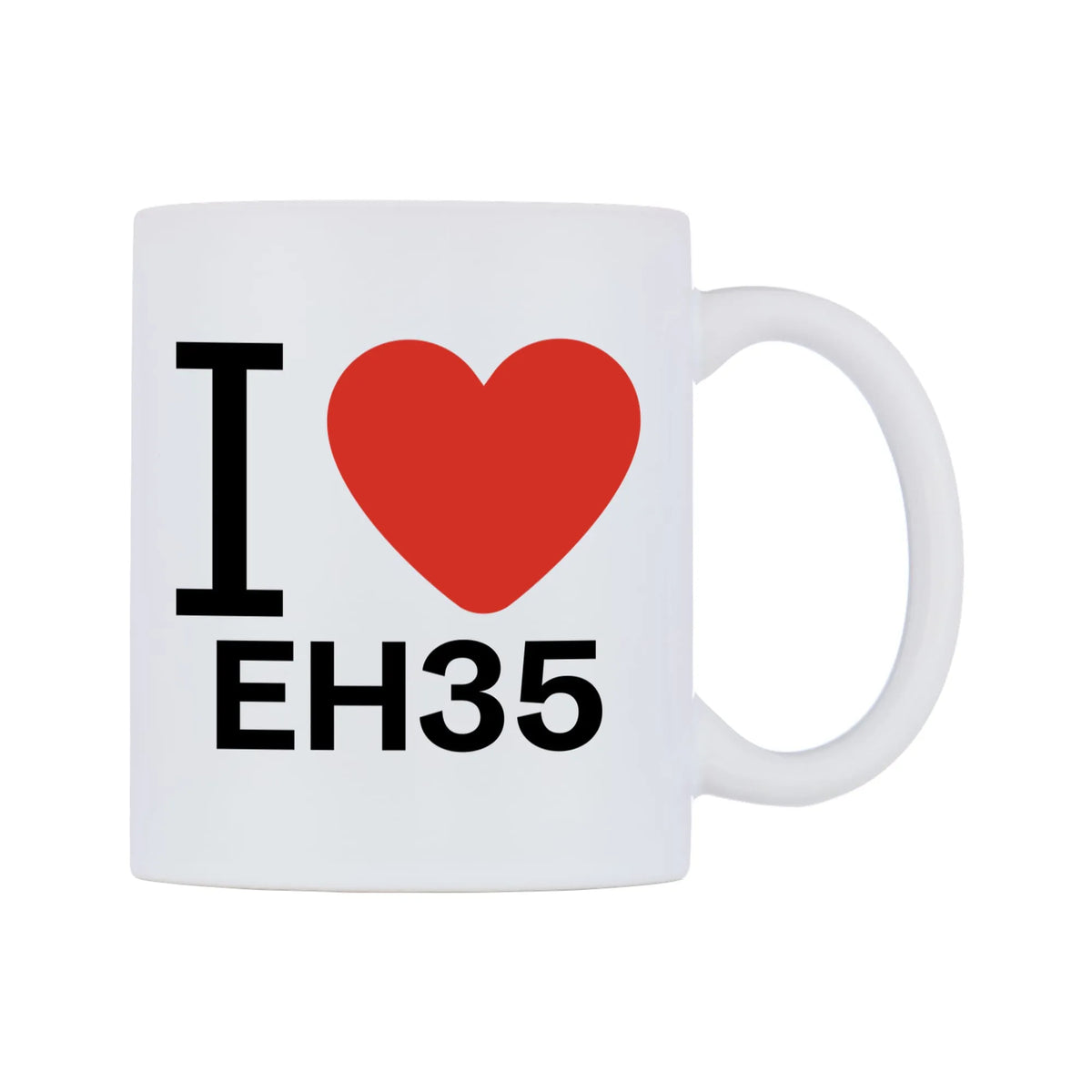 I Love EH35 Mug — white 11oz gloss mug, left side, on a white background