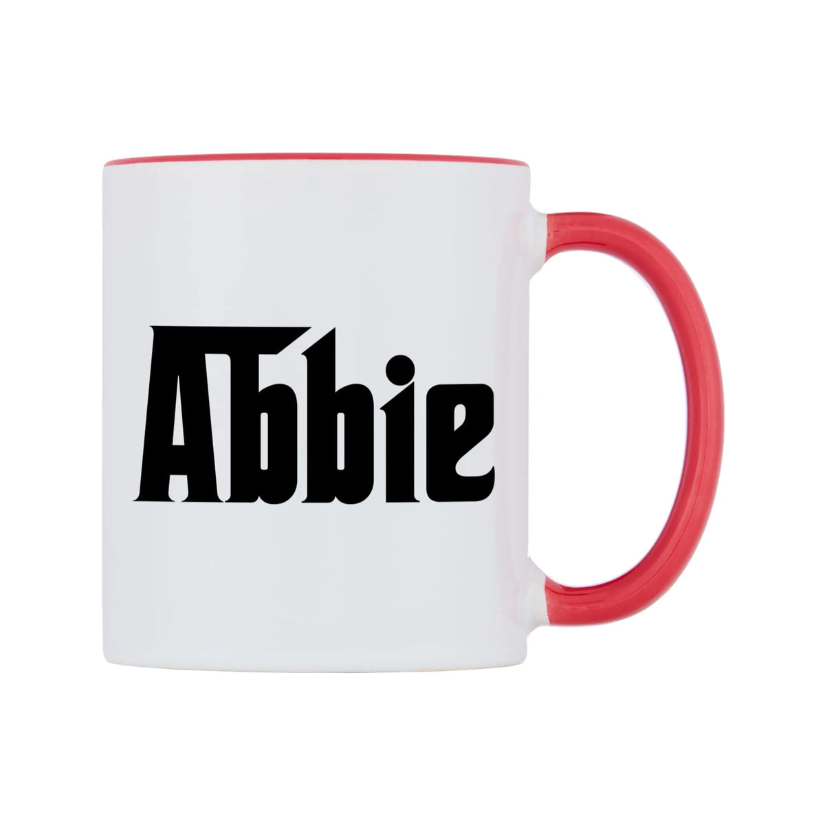 Abbie - Godfather Themed Mug — white 11oz gloss mug with a red inside and handle, left side, on a white background