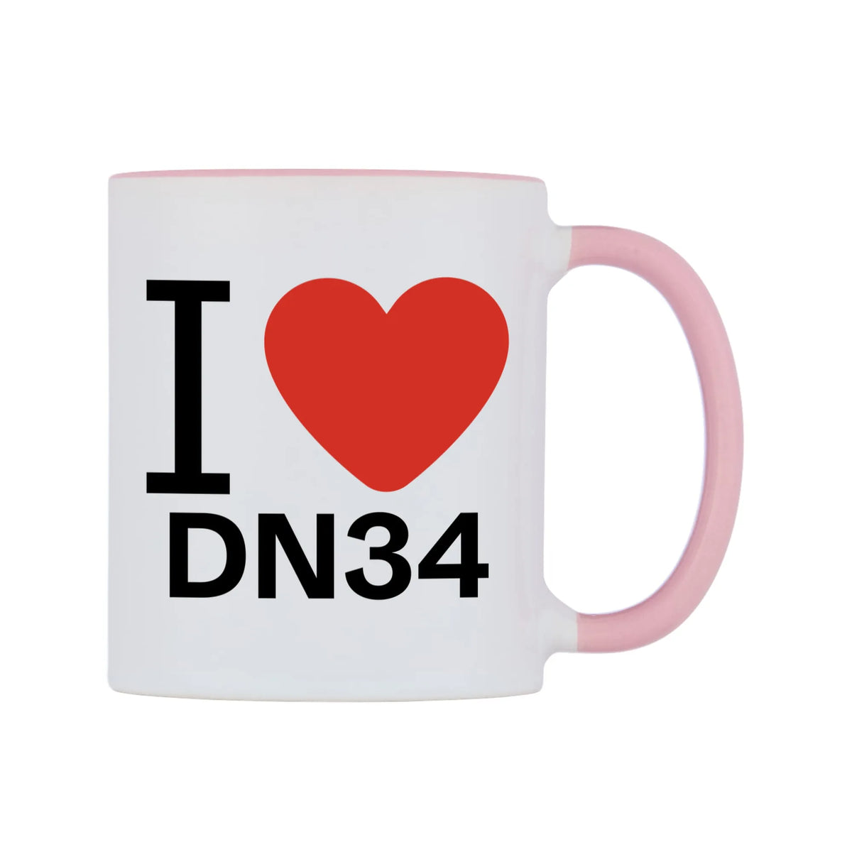 I Love DN34 Mug — white 11oz gloss mug with a pink inside and handle, left side, on a white background