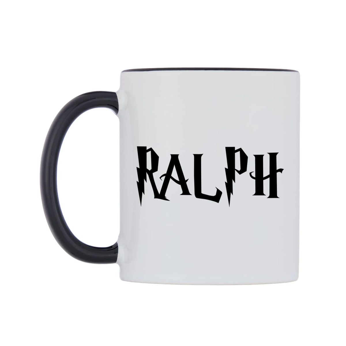 Ralph - Wizard Themed Mug — white 11oz gloss mug with a black inside and handle, right side, on a white background