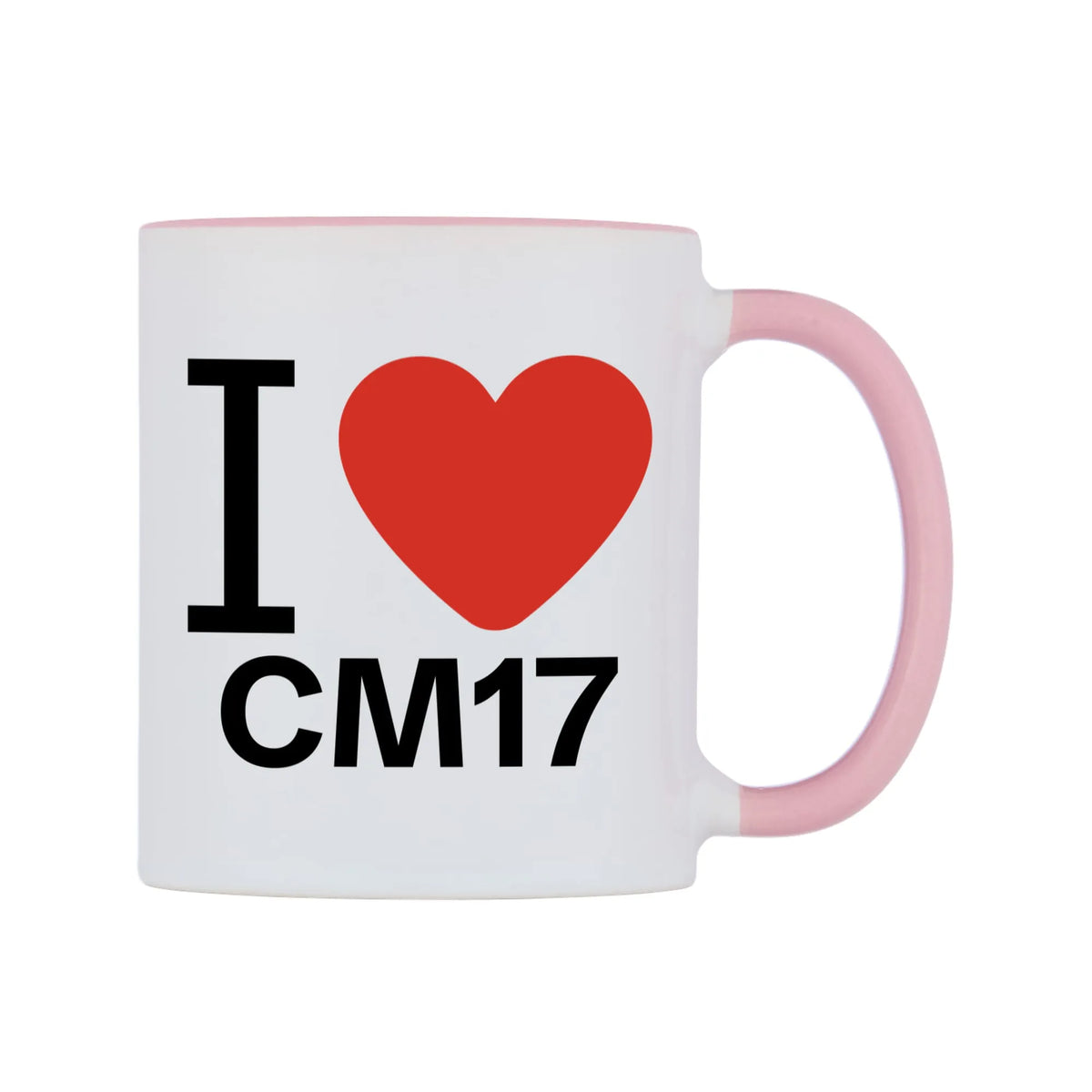 I Love CM17 Mug — white 11oz gloss mug with a pink inside and handle, left side, on a white background