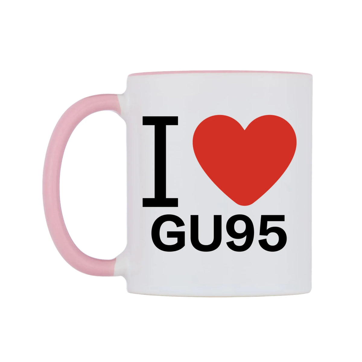 I Love GU95 Mug — white 11oz gloss mug with a pink inside and handle, right side, on a white background