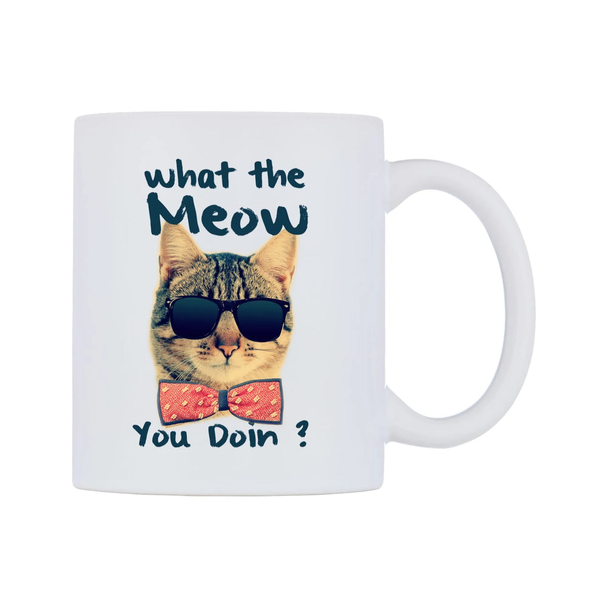 What the Meow You Doin? Mug — white 11oz gloss mug, left side, on a white background