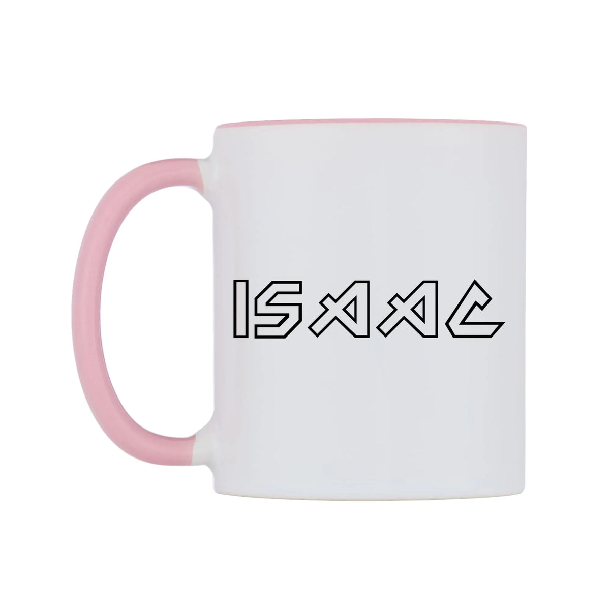 Isaac - Iron Maiden Themed Mug — white 11oz gloss mug with a pink inside and handle, right side, on a white background