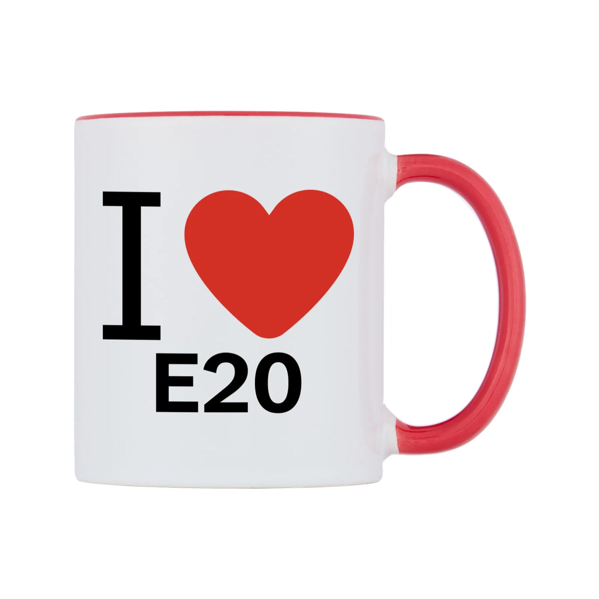 I Love E20 Mug — white 11oz gloss mug with a red inside and handle, left side, on a white background