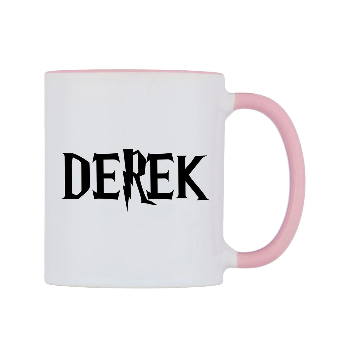 Derek - Wizard Themed Mug — white 11oz gloss mug with a pink inside and handle, left side, on a white background