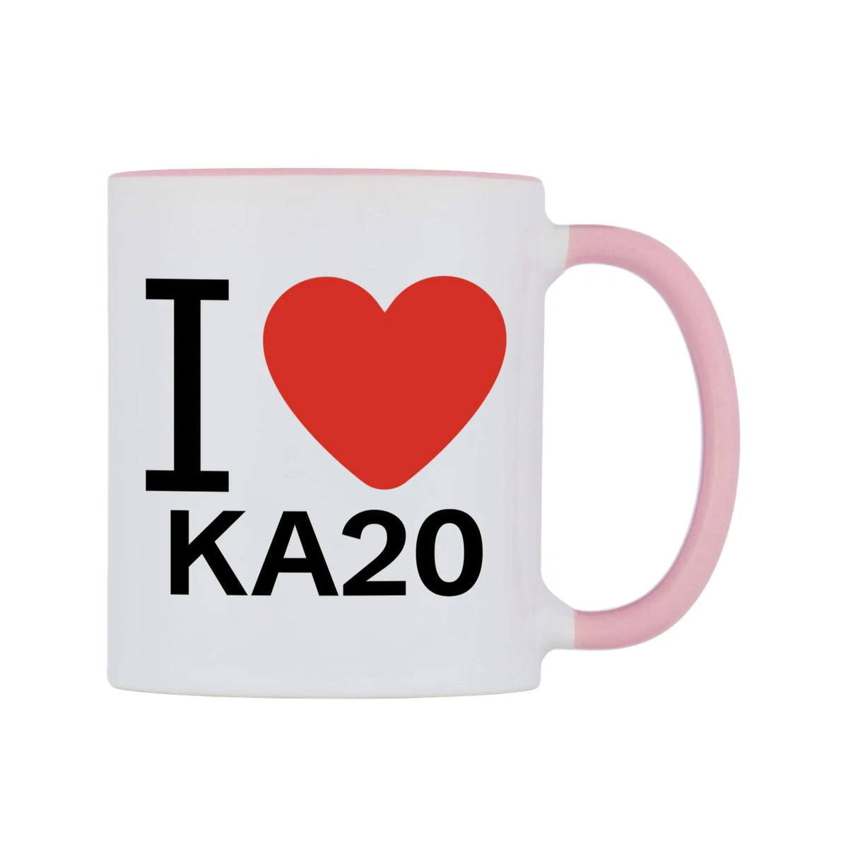 I Love KA20 Mug — white 11oz gloss mug with a pink inside and handle, left side, on a white background
