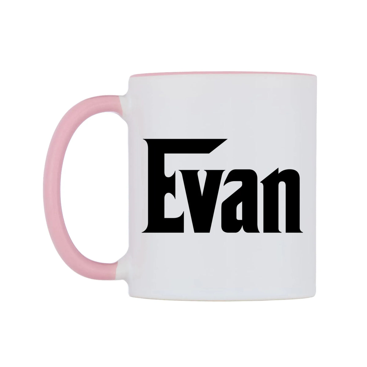 Evan - Godfather Themed Mug — white 11oz gloss mug with a pink inside and handle, right side, on a white background