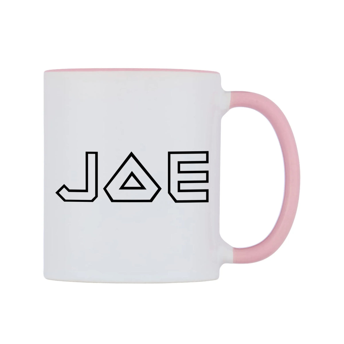 Joe - Iron Maiden Themed Mug — white 11oz gloss mug with a pink inside and handle, left side, on a white background