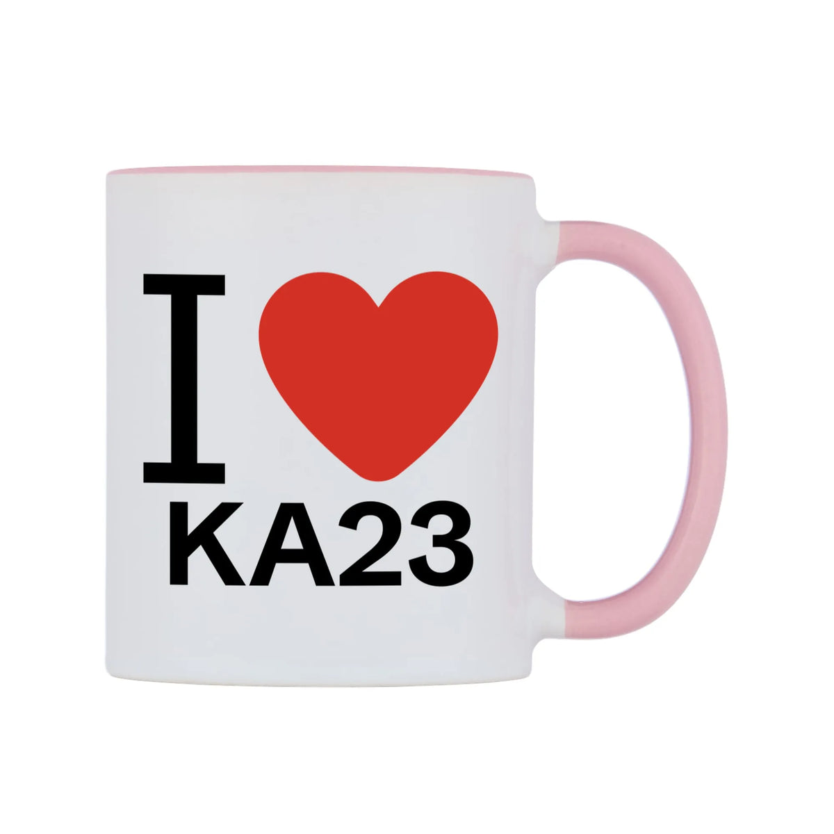 I Love KA23 Mug — white 11oz gloss mug with a pink inside and handle, left side, on a white background