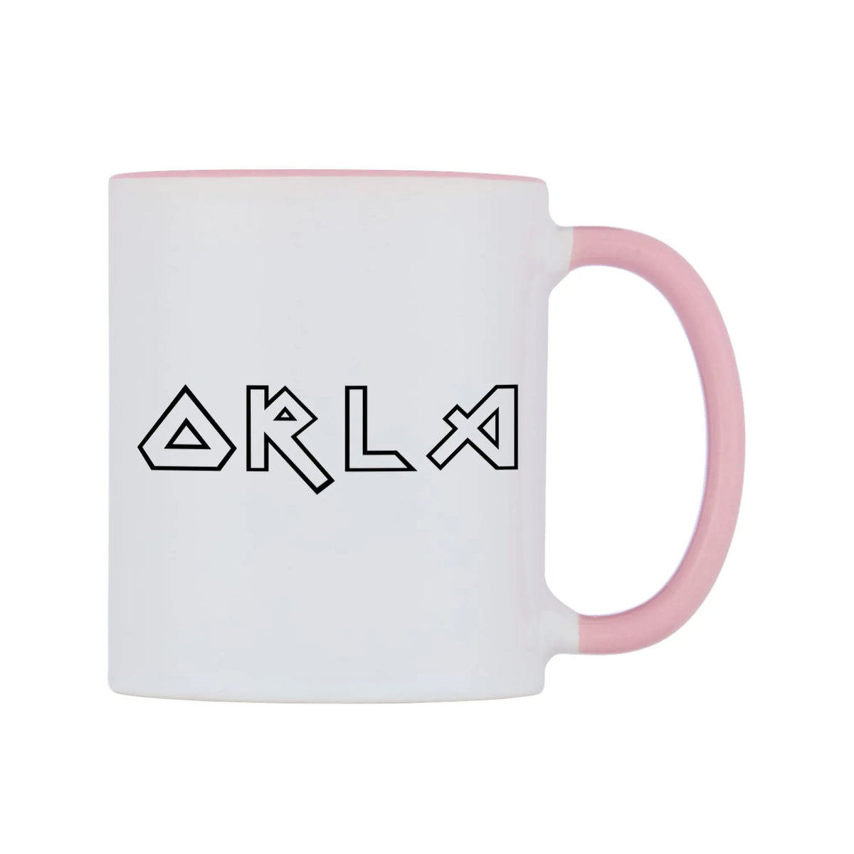 Orla - Iron Maiden Themed Mug — white 11oz gloss mug with a pink inside and handle, left side, on a white background