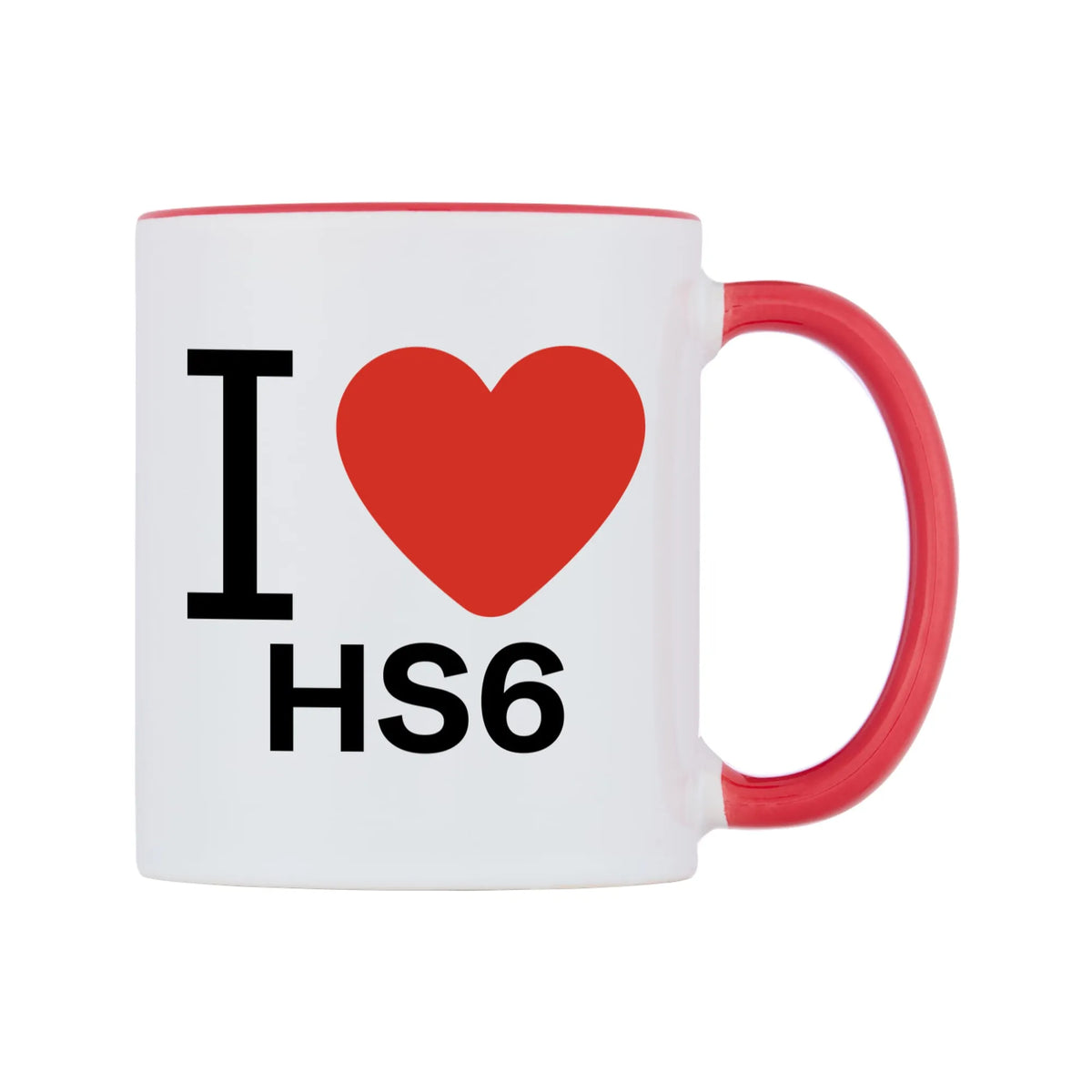 I Love HS6 Mug — white 11oz gloss mug with a red inside and handle, left side, on a white background