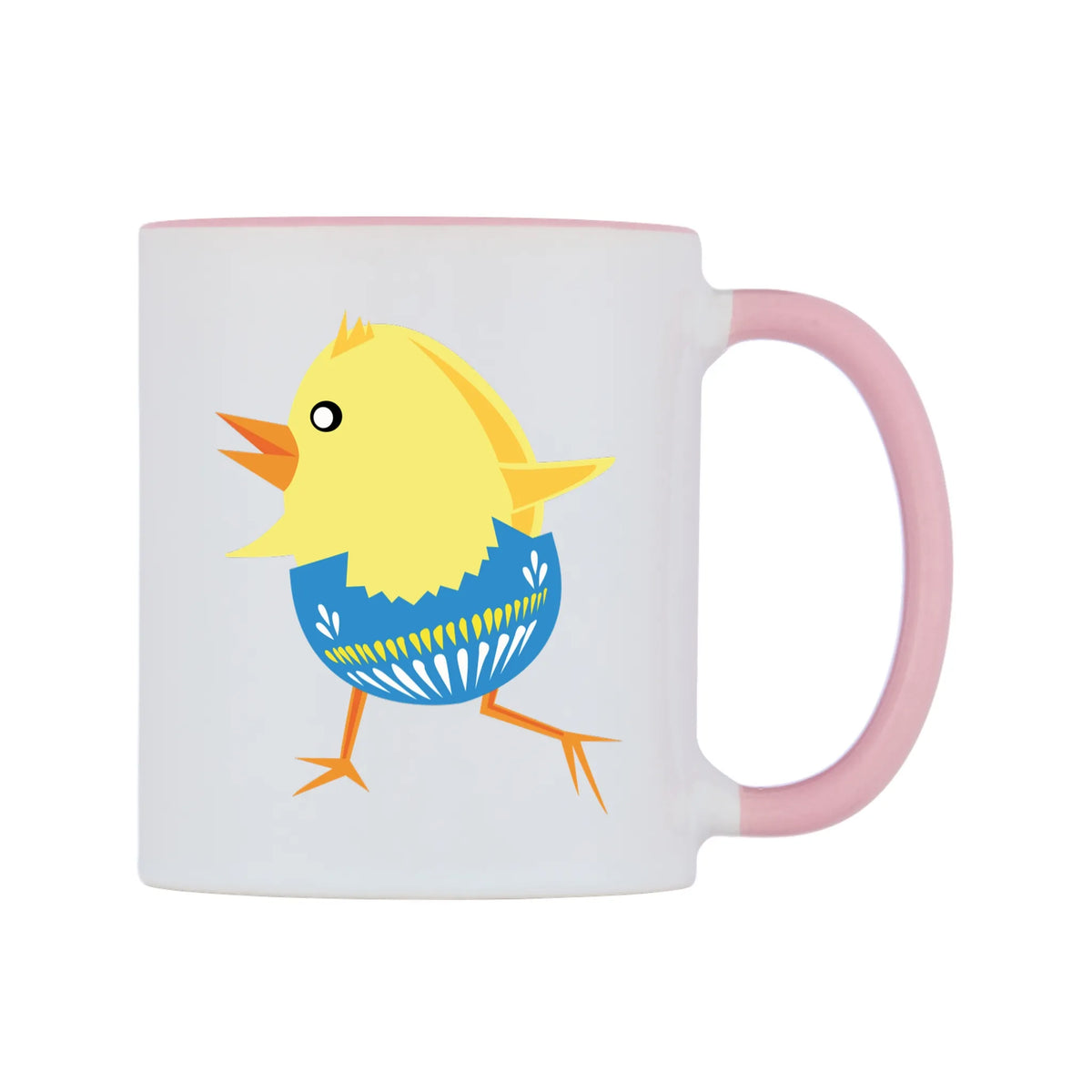 Smooth Walkin Easter Chick Mug — white 11oz gloss mug with a pink inside and handle, left side, on a white background