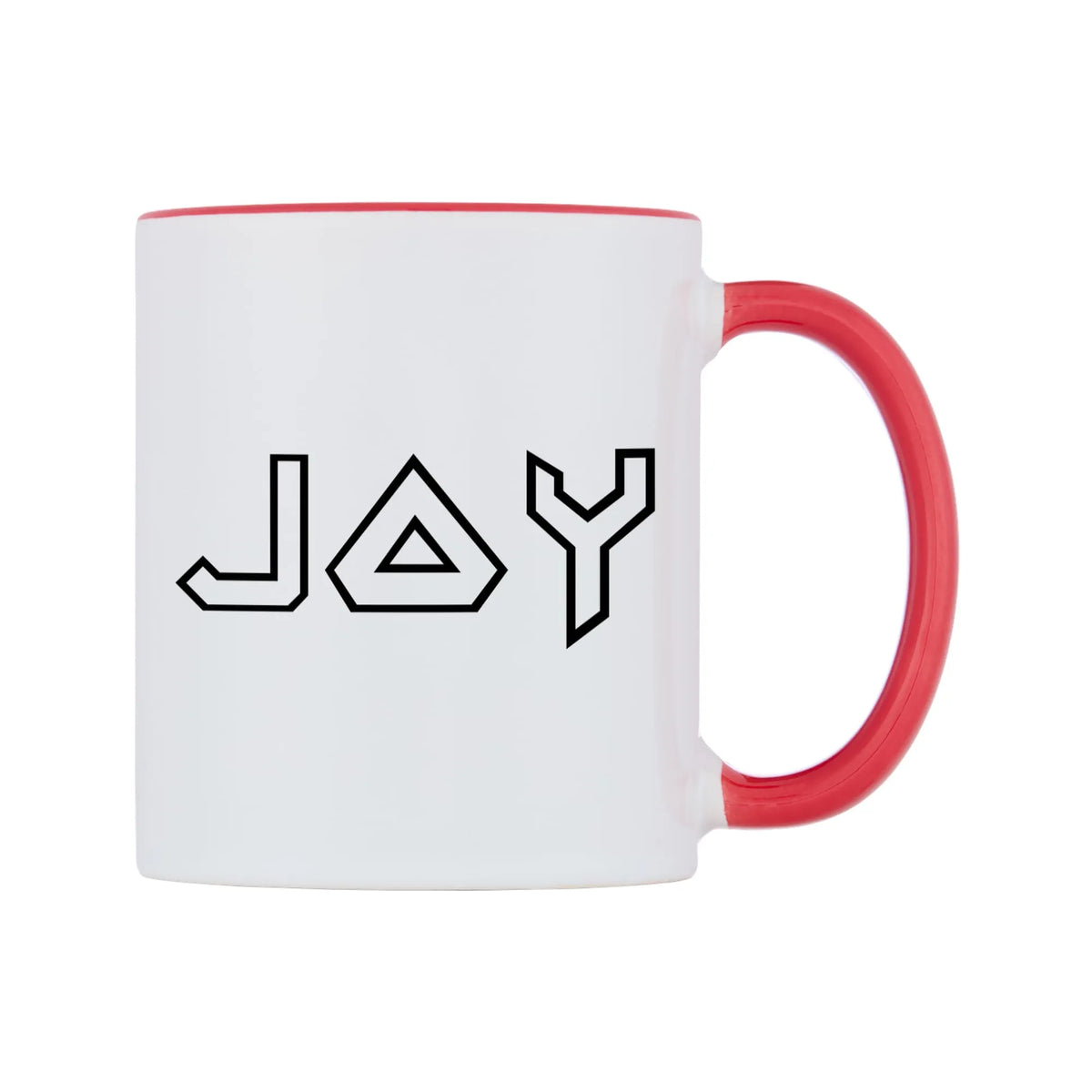 Joy - Iron Maiden Themed Mug — white 11oz gloss mug with a red inside and handle, left side, on a white background