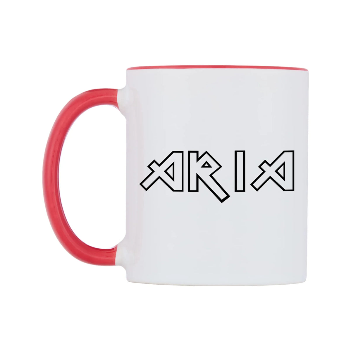 Aria - Iron Maiden Themed Mug — white 11oz gloss mug with a red inside and handle, right side, on a white background