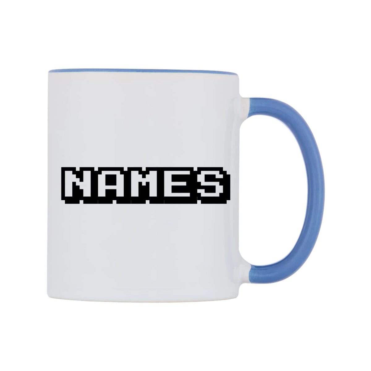 Personalised Arcade Themed Font Names Mug — white 11oz gloss mug with a cambridge blue inside and handle, left side, on a white background