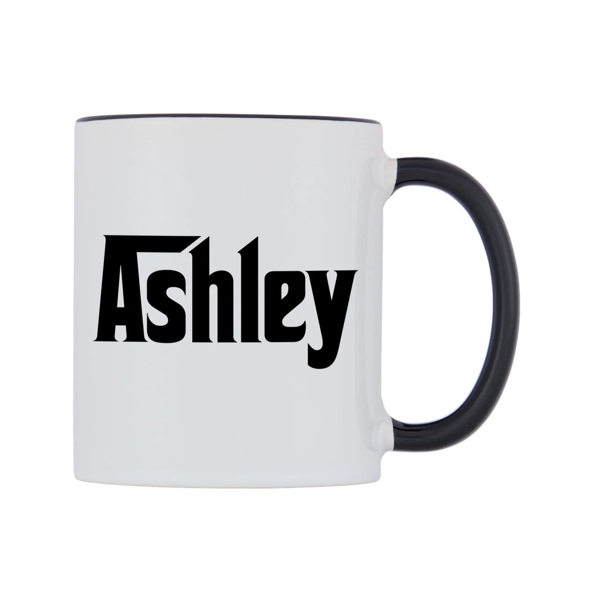 Ashley - Godfather Themed Mug — white 11oz gloss mug with a black inside and handle, left side, on a white background