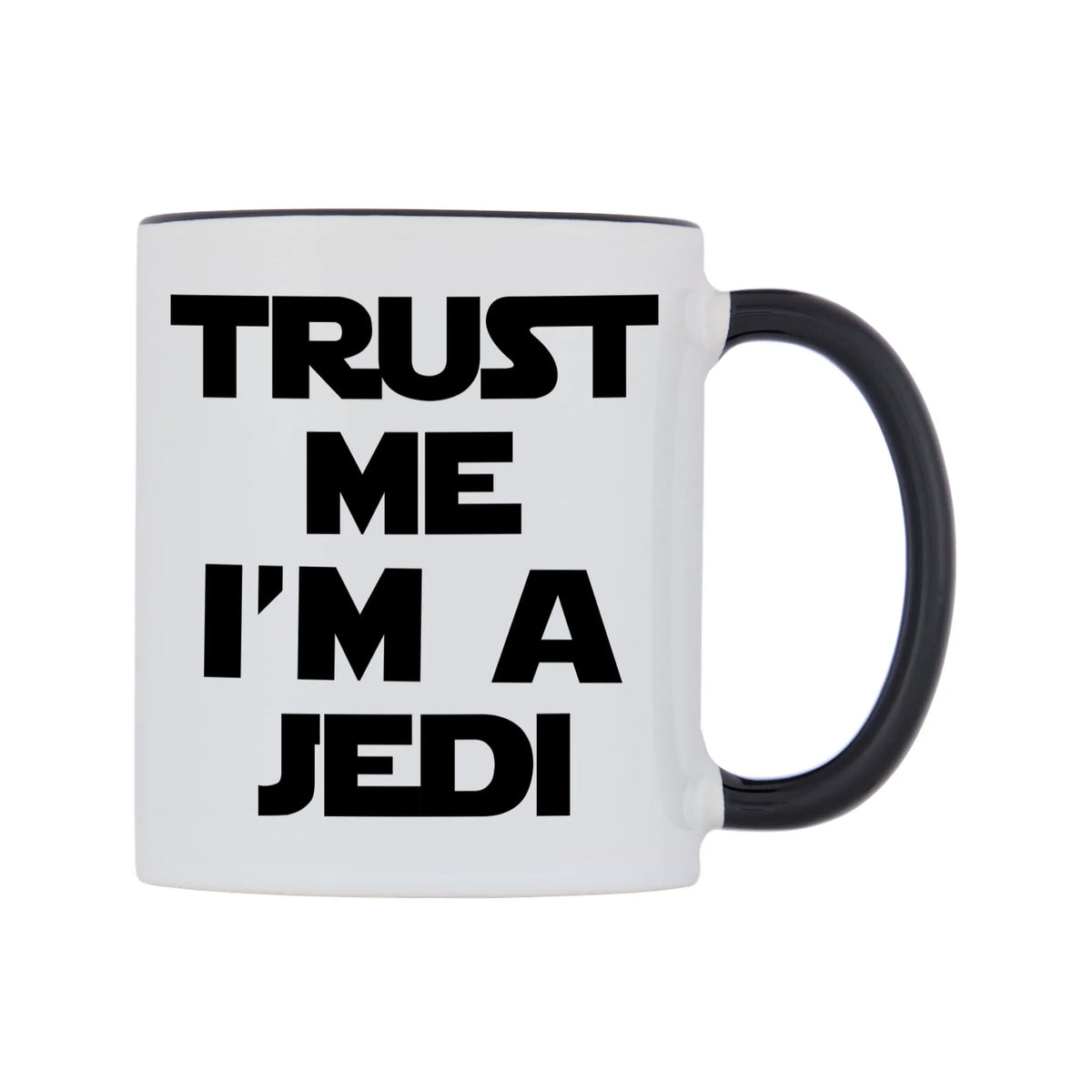 Trust me I'm a Jedi Mug — white 11oz gloss mug with a black inside and handle, left side, on a white background