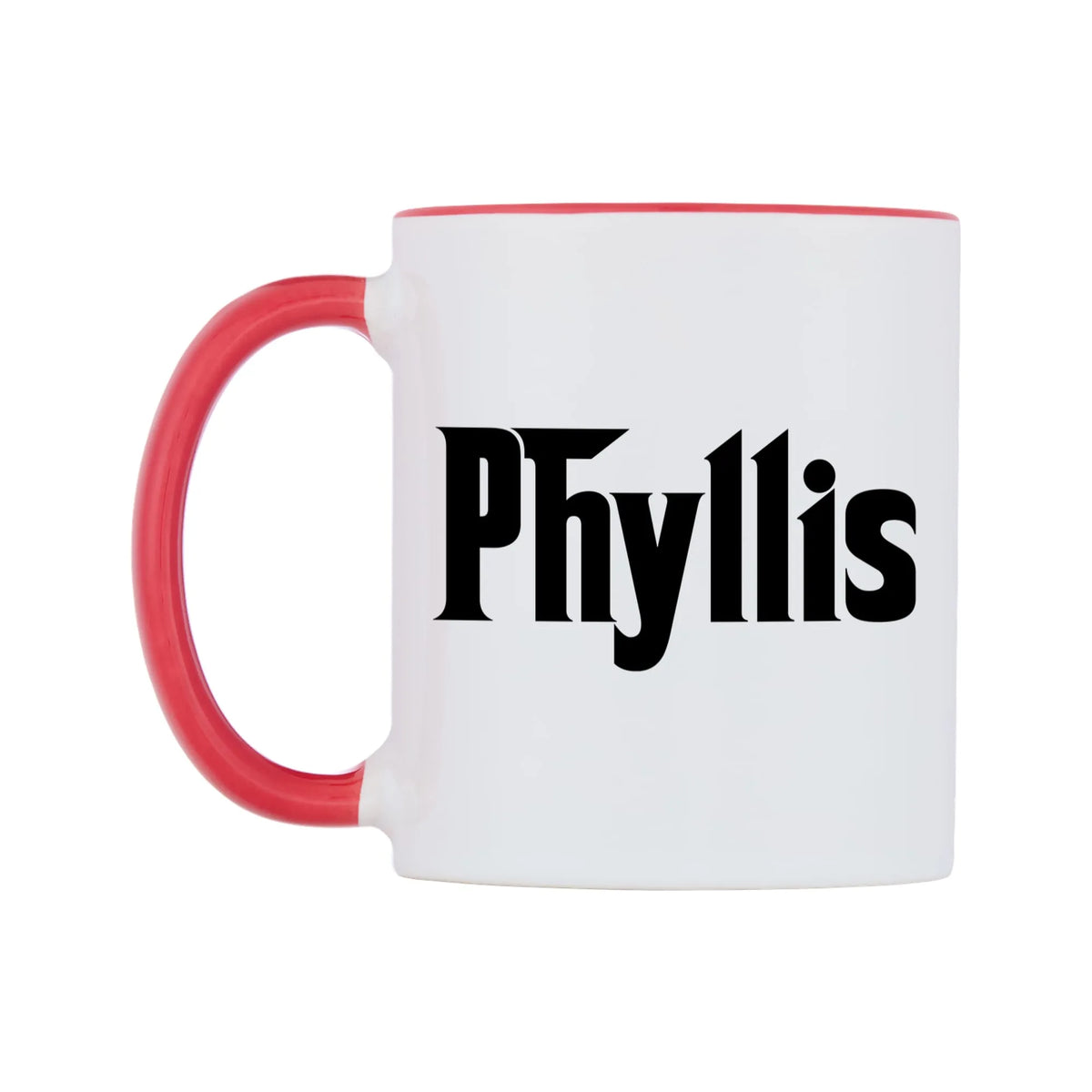 Phyllis - Godfather Themed Mug — white 11oz gloss mug with a red inside and handle, right side, on a white background