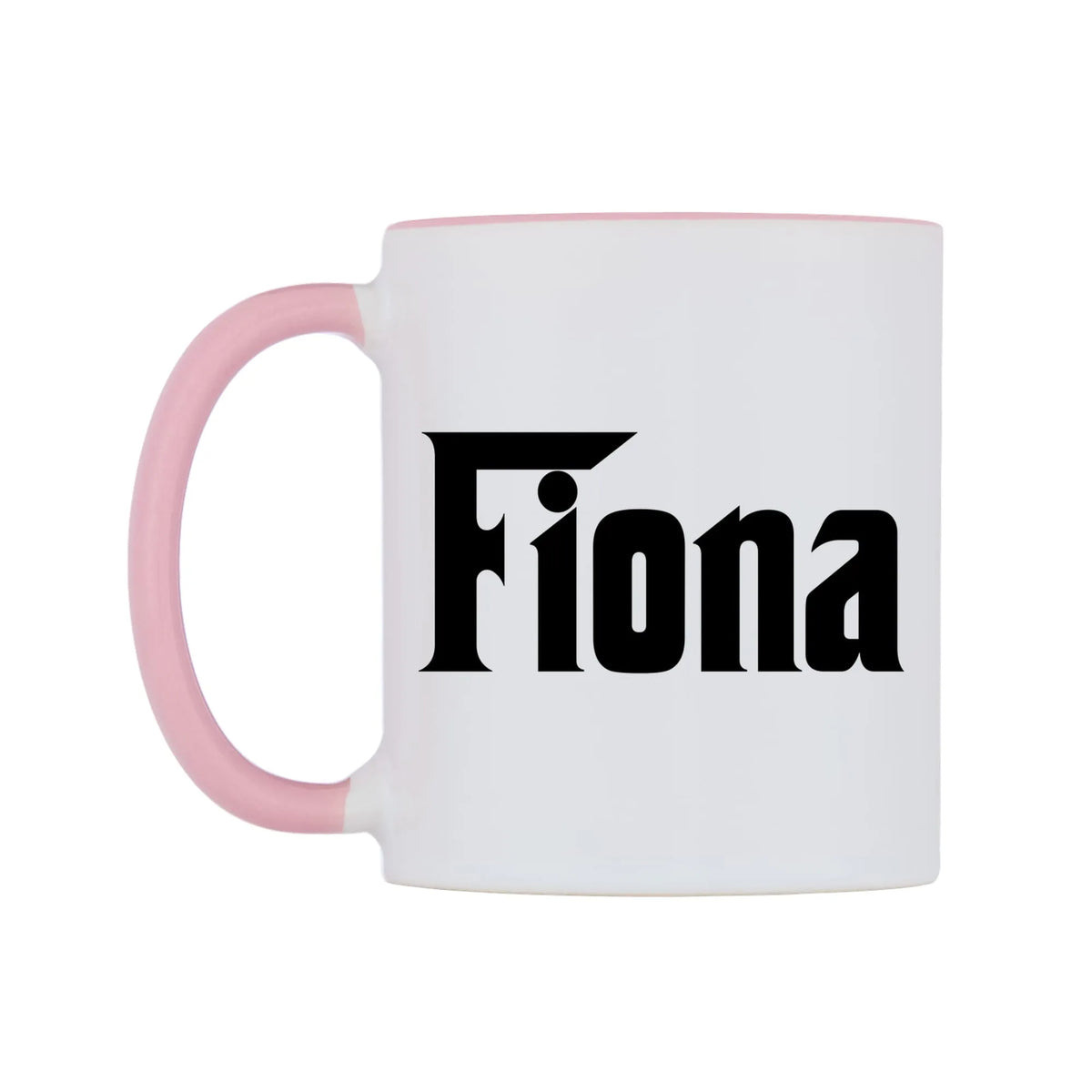 Fiona - Godfather Themed Mug — white 11oz gloss mug with a pink inside and handle, right side, on a white background